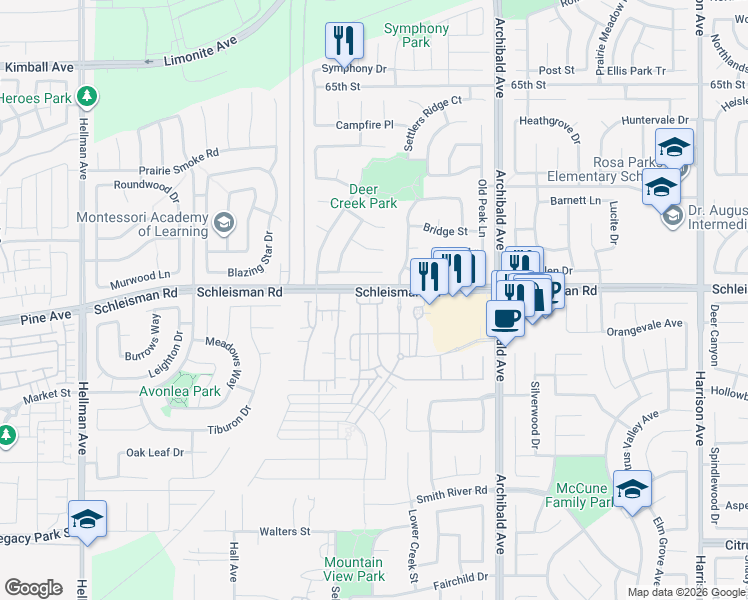map of restaurants, bars, coffee shops, grocery stores, and more near 7034 Logsdon Drive in Corona