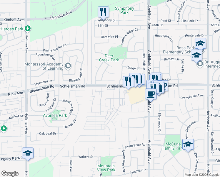 map of restaurants, bars, coffee shops, grocery stores, and more near 7034 Logsdon Drive in Corona