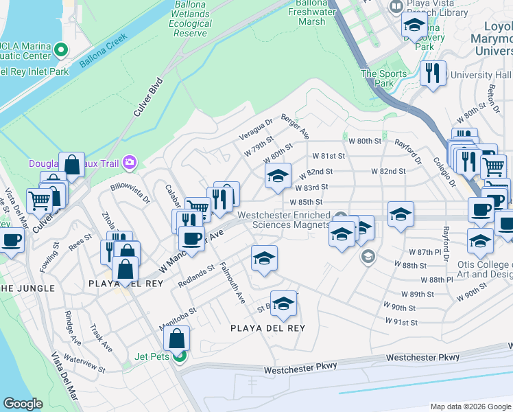 map of restaurants, bars, coffee shops, grocery stores, and more near 7846 West 83rd Street in Los Angeles
