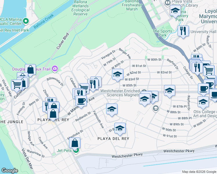 map of restaurants, bars, coffee shops, grocery stores, and more near 7841 West Manchester Avenue in Los Angeles