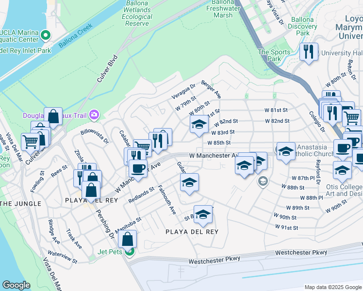 map of restaurants, bars, coffee shops, grocery stores, and more near 7852 West 83rd Street in Los Angeles