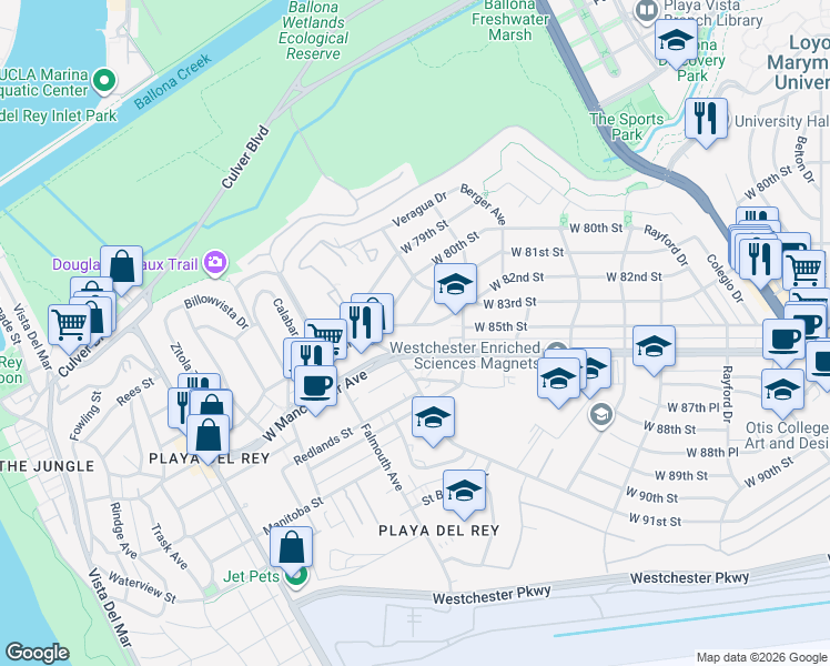 map of restaurants, bars, coffee shops, grocery stores, and more near 7841 West Manchester Avenue in Los Angeles