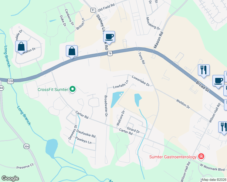 map of restaurants, bars, coffee shops, grocery stores, and more near 3080 Lowfalls Lane in Sumter