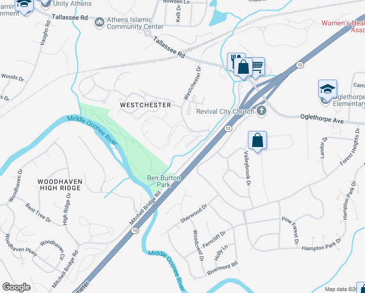 map of restaurants, bars, coffee shops, grocery stores, and more near 105 Westchester Drive in Athens