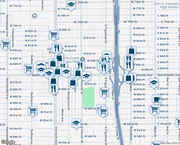 map of restaurants, bars, coffee shops, grocery stores, and more near 703 West Manchester Avenue in Los Angeles