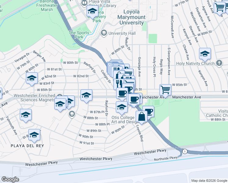 map of restaurants, bars, coffee shops, grocery stores, and more near 7270 West 85th Street in Los Angeles
