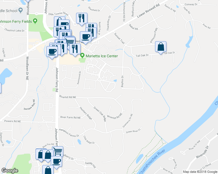 map of restaurants, bars, coffee shops, grocery stores, and more near 514 Gardenia Lane Northeast in Marietta