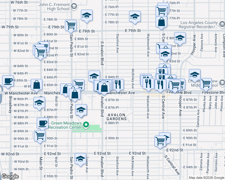 map of restaurants, bars, coffee shops, grocery stores, and more near 637 East Manchester Avenue in Los Angeles