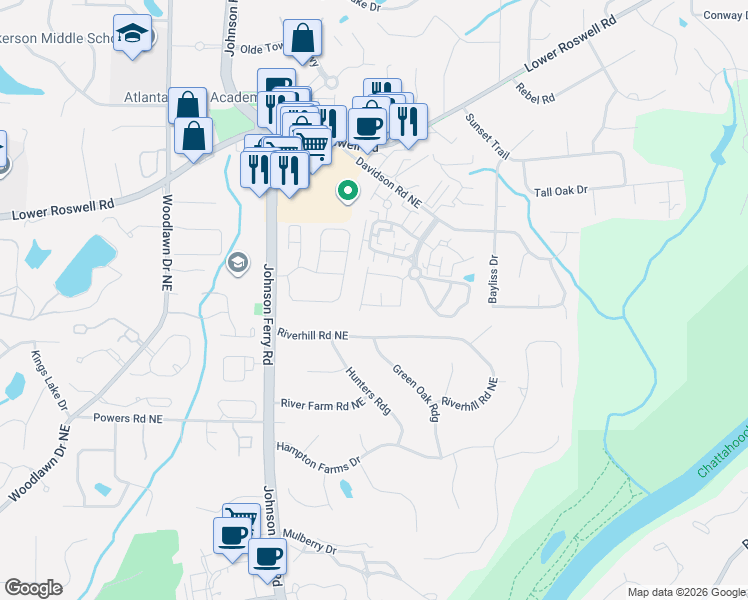 map of restaurants, bars, coffee shops, grocery stores, and more near 5014 Meadow Lane in Marietta