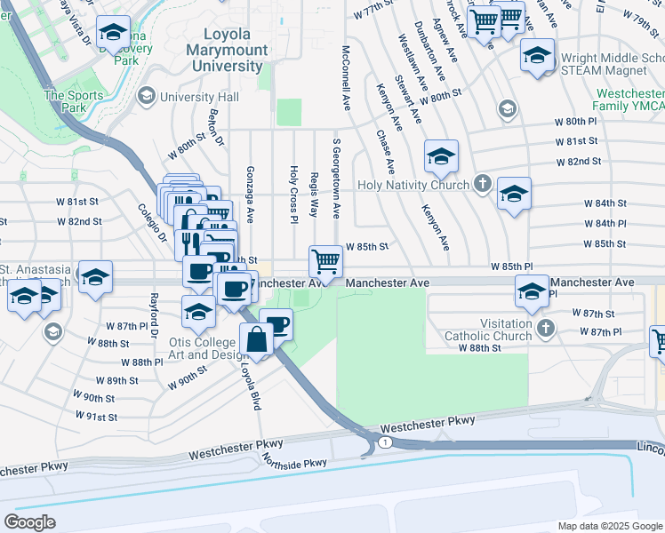 map of restaurants, bars, coffee shops, grocery stores, and more near 7000 West 85th Street in Los Angeles