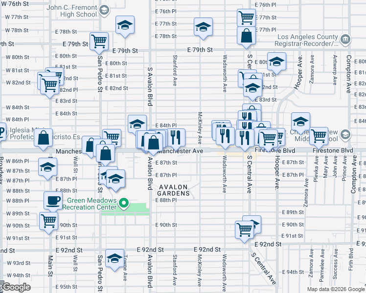 map of restaurants, bars, coffee shops, grocery stores, and more near 715 East Manchester Avenue in Los Angeles