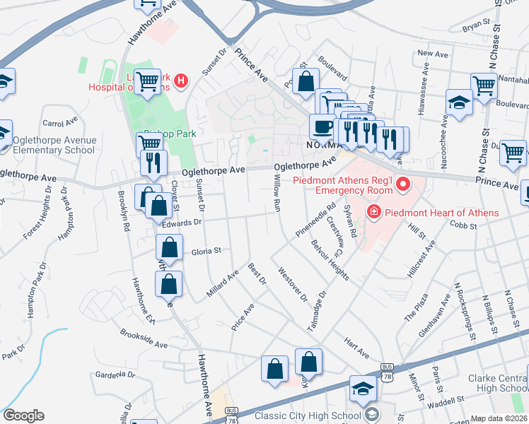 map of restaurants, bars, coffee shops, grocery stores, and more near 65 Edwards Circle in Athens