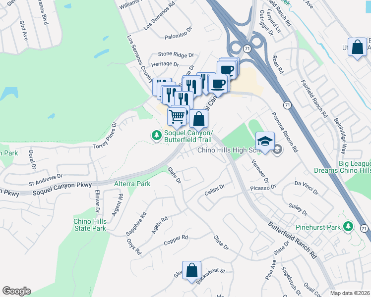 map of restaurants, bars, coffee shops, grocery stores, and more near 16175 Woodrow Court in Chino Hills
