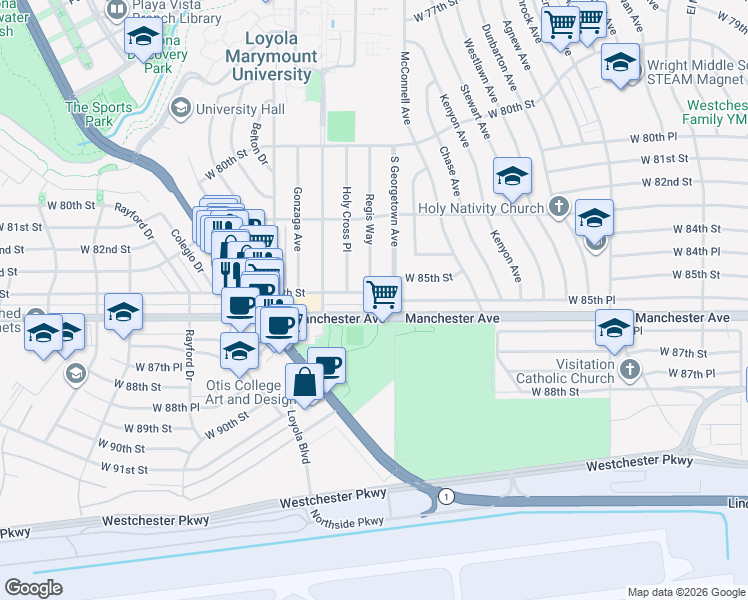 map of restaurants, bars, coffee shops, grocery stores, and more near 7022 West 85th Street in Los Angeles