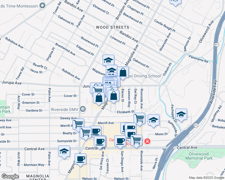 map of restaurants, bars, coffee shops, grocery stores, and more near 6038 Magnolia Avenue in Riverside