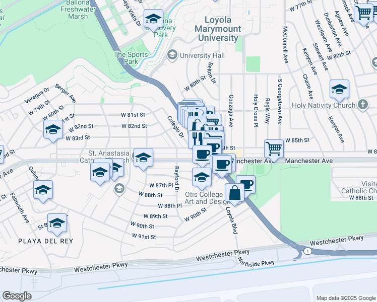 map of restaurants, bars, coffee shops, grocery stores, and more near 7270 West 85th Street in Los Angeles