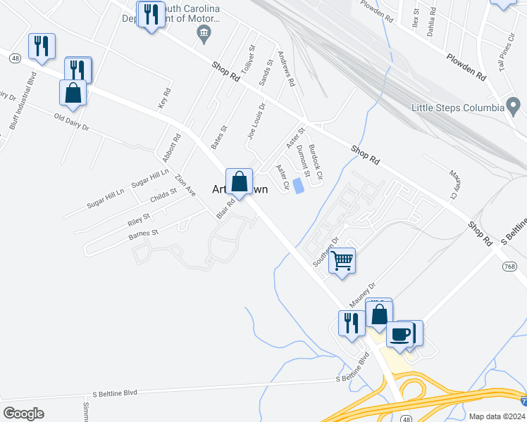 map of restaurants, bars, coffee shops, grocery stores, and more near 1940 Bluff Road in Columbia