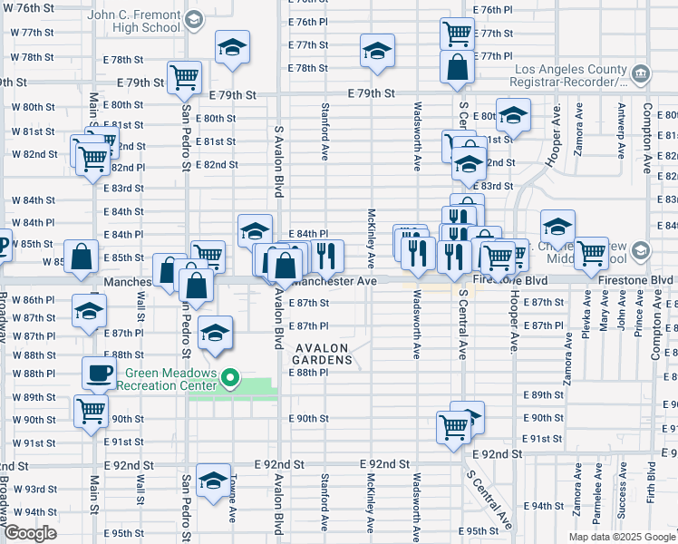 map of restaurants, bars, coffee shops, grocery stores, and more near 715 East Manchester Avenue in Los Angeles