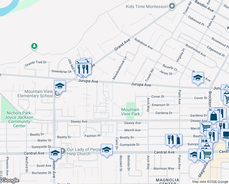 map of restaurants, bars, coffee shops, grocery stores, and more near 6090 Meadowbrook Lane in Riverside