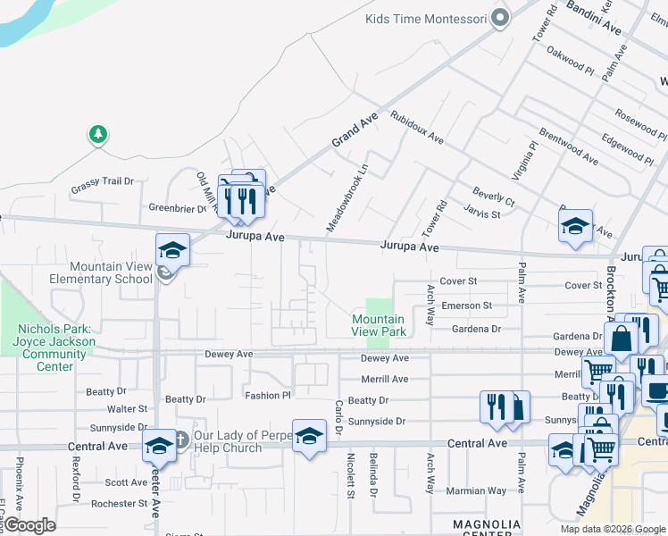 map of restaurants, bars, coffee shops, grocery stores, and more near 6090 Meadowbrook Lane in Riverside
