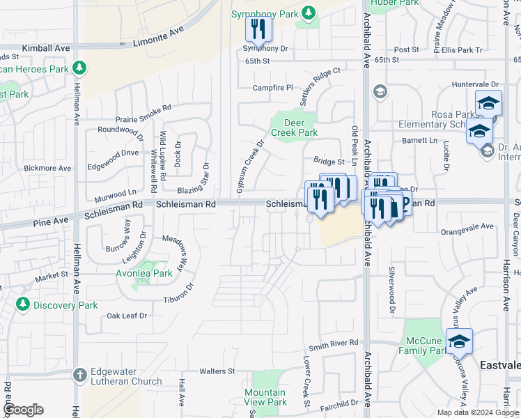 map of restaurants, bars, coffee shops, grocery stores, and more near 7011 Montecito Lane in Eastvale