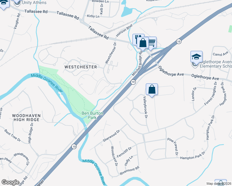map of restaurants, bars, coffee shops, grocery stores, and more near Athens Perimeter in Athens