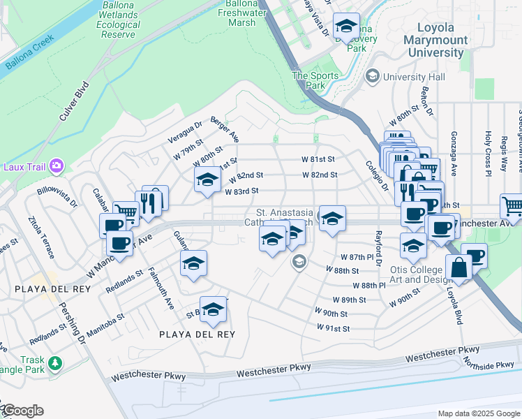 map of restaurants, bars, coffee shops, grocery stores, and more near 7525 West Manchester Avenue in Los Angeles