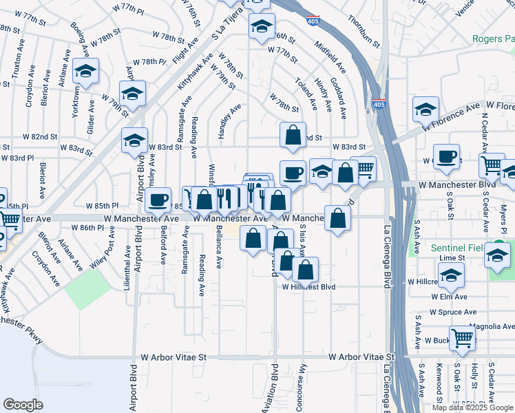 map of restaurants, bars, coffee shops, grocery stores, and more near 5583 West Manchester Avenue in Los Angeles