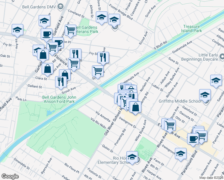 map of restaurants, bars, coffee shops, grocery stores, and more near 7301 East Florence Avenue in Downey