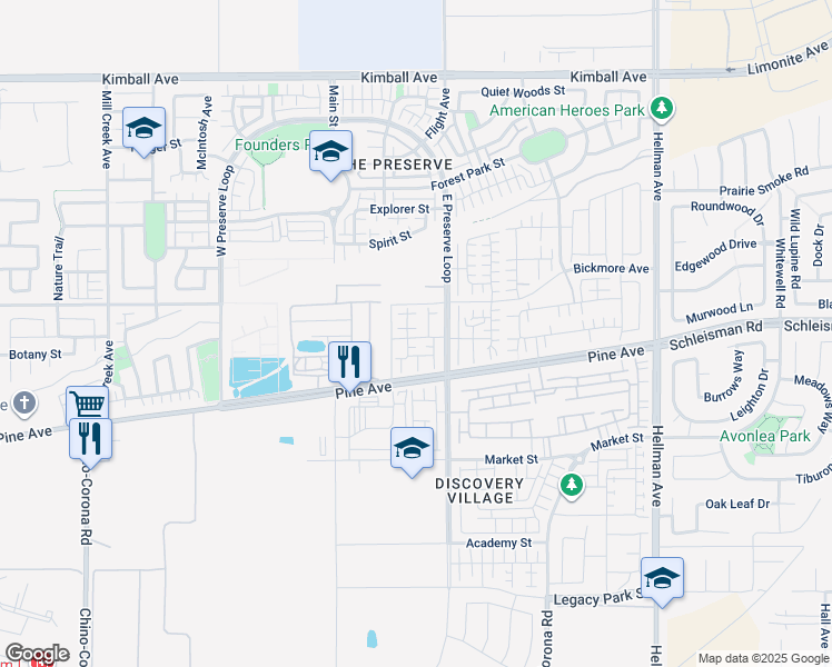 map of restaurants, bars, coffee shops, grocery stores, and more near 8444 Milk Thistle Lane in Chino