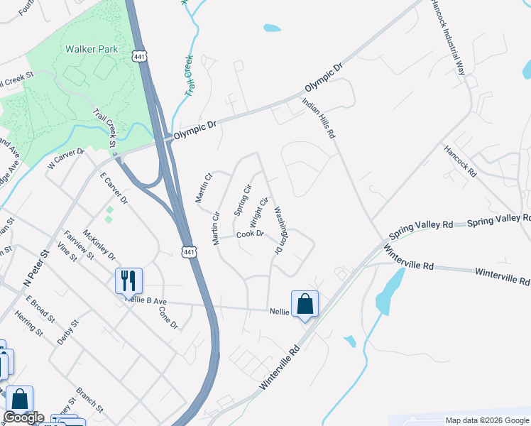 map of restaurants, bars, coffee shops, grocery stores, and more near 345-355 Washington Drive in Athens