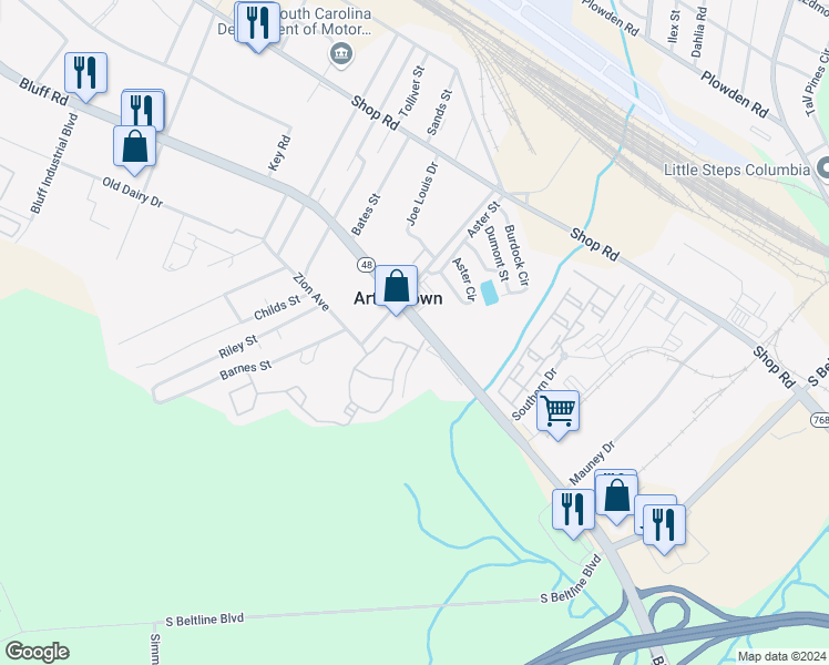 map of restaurants, bars, coffee shops, grocery stores, and more near 1929 Bluff Road in Columbia