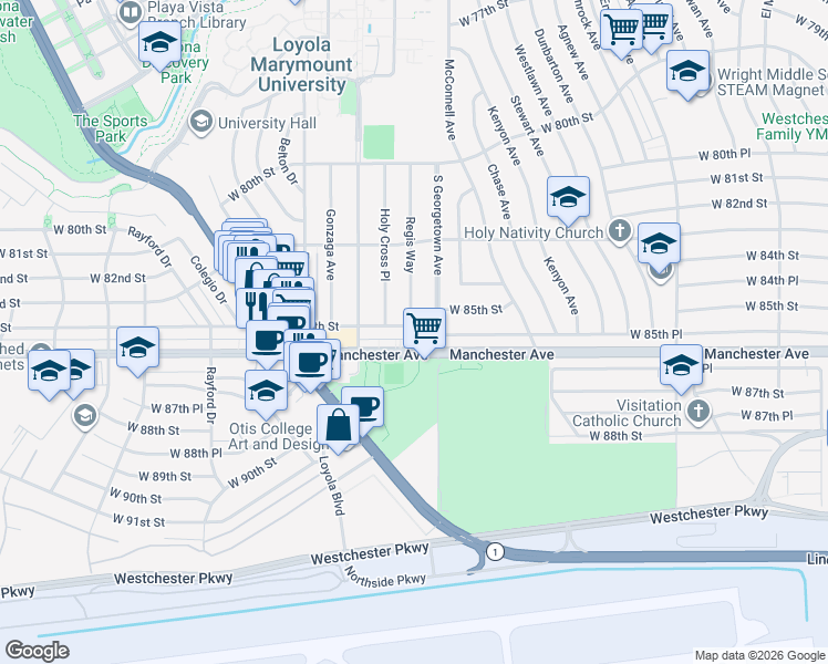map of restaurants, bars, coffee shops, grocery stores, and more near 7022 West 85th Street in Los Angeles