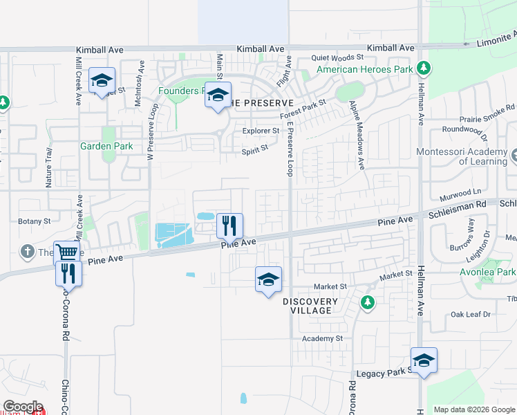 map of restaurants, bars, coffee shops, grocery stores, and more near 8286 Pine Avenue in Chino
