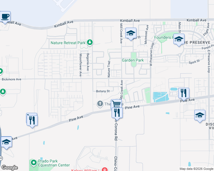 map of restaurants, bars, coffee shops, grocery stores, and more near 16149 Retreat Avenue in Chino