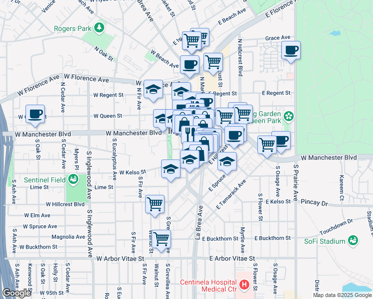 map of restaurants, bars, coffee shops, grocery stores, and more near S La Brea Ave & E Nutwood St in Inglewood