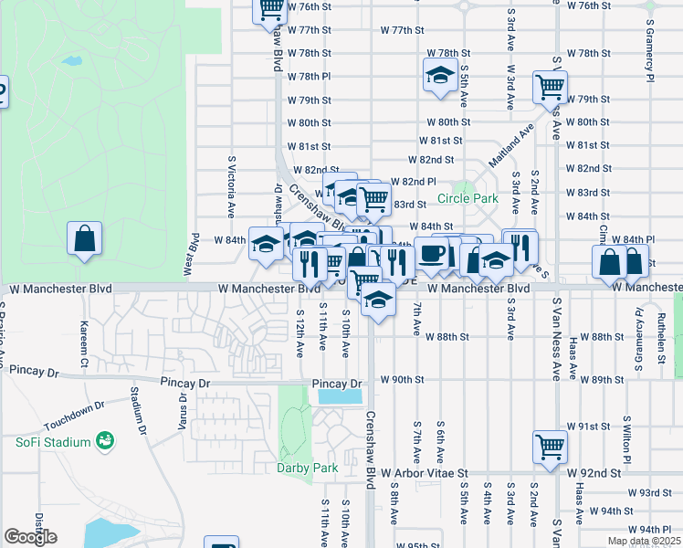 map of restaurants, bars, coffee shops, grocery stores, and more near 3130 West Manchester Boulevard in Inglewood