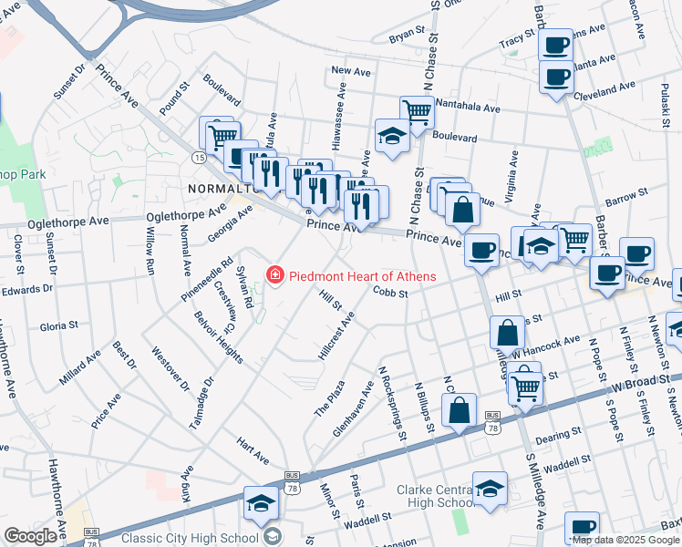 map of restaurants, bars, coffee shops, grocery stores, and more near 749 Cobb Street in Athens