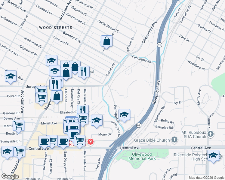 map of restaurants, bars, coffee shops, grocery stores, and more near 6030 Pachappa Drive in Riverside