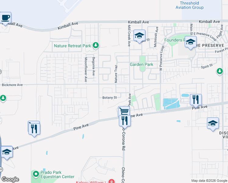 map of restaurants, bars, coffee shops, grocery stores, and more near 16149 Retreat Avenue in Chino