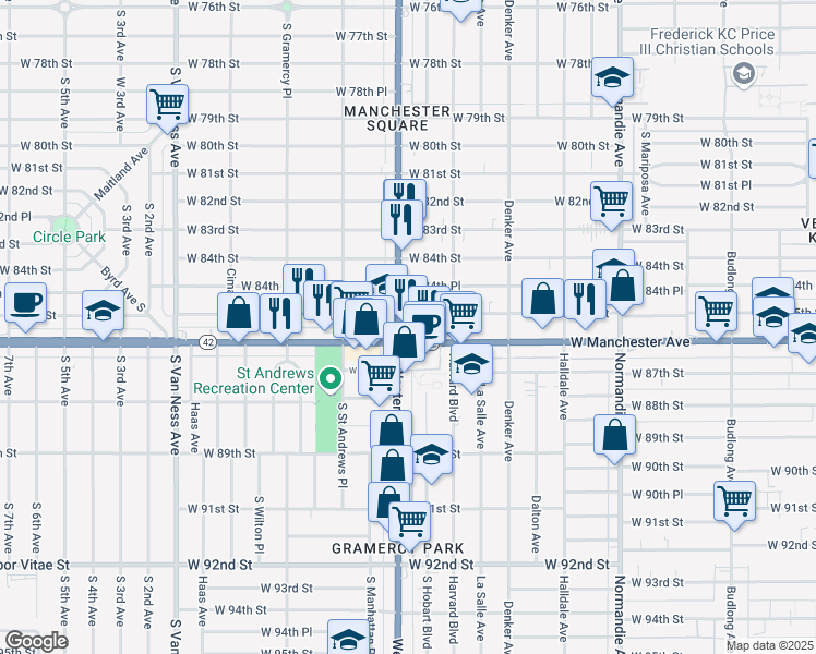 map of restaurants, bars, coffee shops, grocery stores, and more near 1735 West Manchester Avenue in Los Angeles