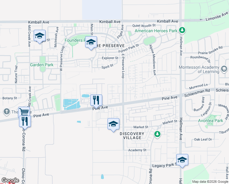 map of restaurants, bars, coffee shops, grocery stores, and more near 8444 Milk Thistle Lane in Chino