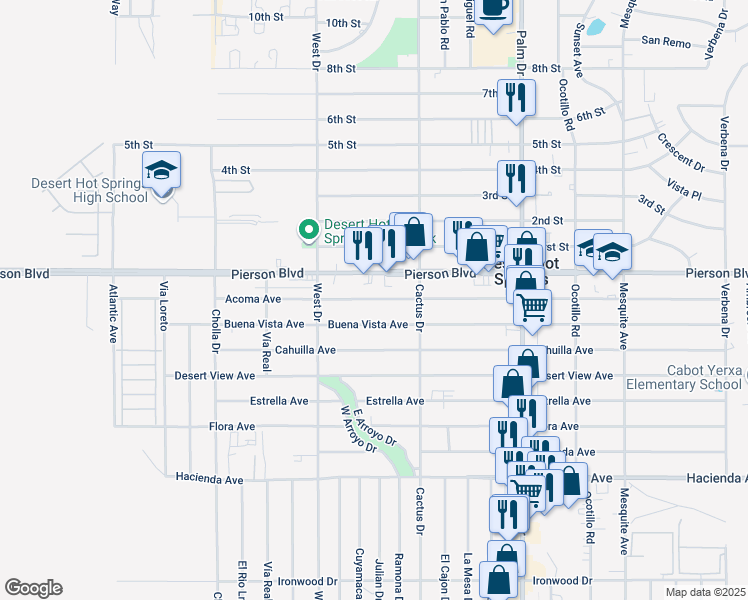 map of restaurants, bars, coffee shops, grocery stores, and more near 66124 Buena Vista Avenue in Desert Hot Springs