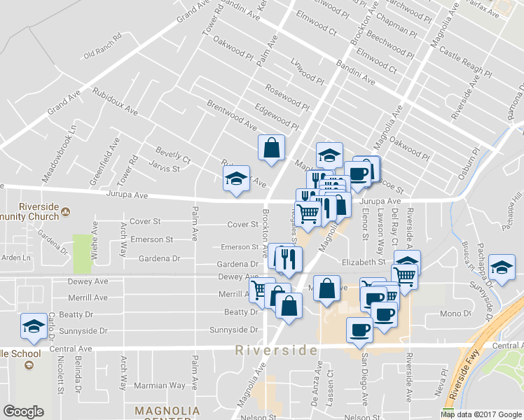 map of restaurants, bars, coffee shops, grocery stores, and more near 4175 Cover Street in Riverside