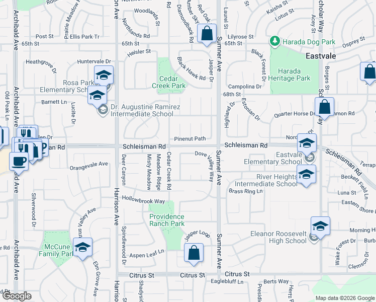 map of restaurants, bars, coffee shops, grocery stores, and more near 7040 Blackbird Lane in Corona