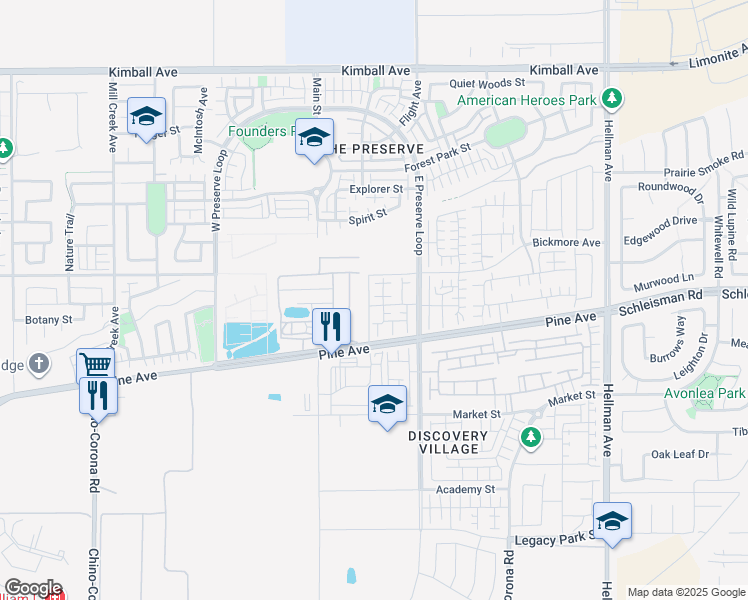 map of restaurants, bars, coffee shops, grocery stores, and more near 8286 Pine Avenue in Chino