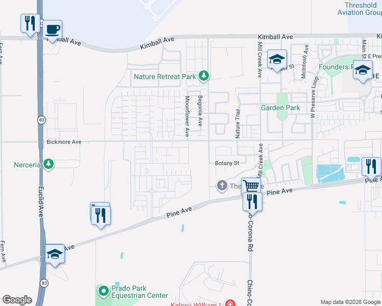 map of restaurants, bars, coffee shops, grocery stores, and more near 16142-16170 Rincon Meadows Avenue in Chino