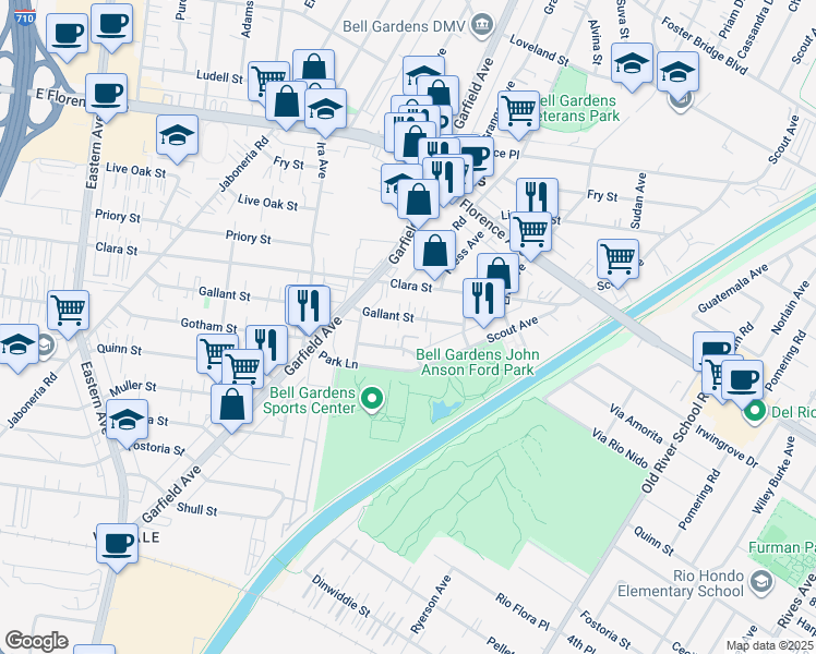 map of restaurants, bars, coffee shops, grocery stores, and more near 6367 Gotham Street in Bell Gardens