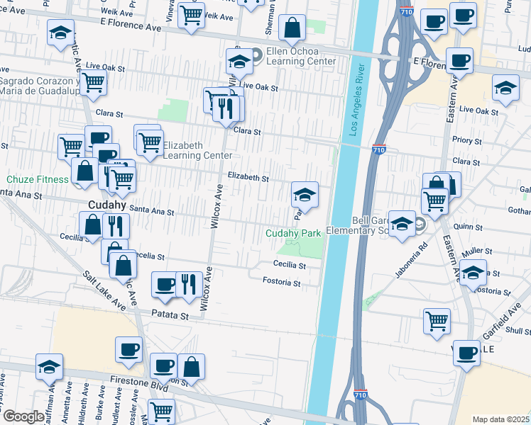 map of restaurants, bars, coffee shops, grocery stores, and more near 5143 Santa Ana Street in Cudahy