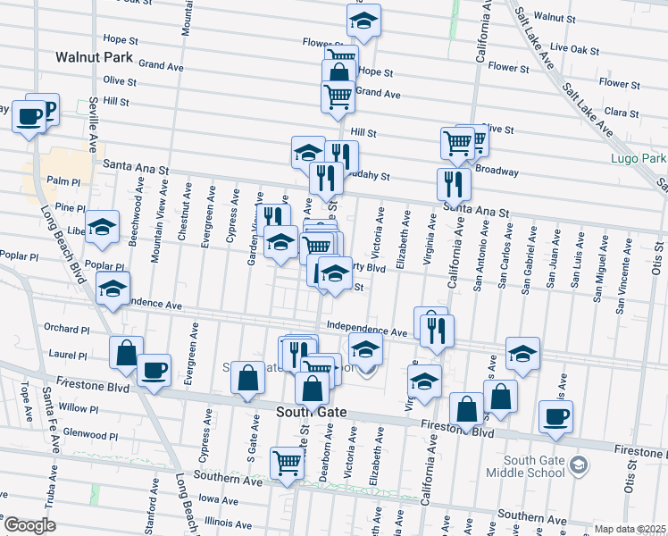 map of restaurants, bars, coffee shops, grocery stores, and more near 8419 Dearborn Avenue in South Gate